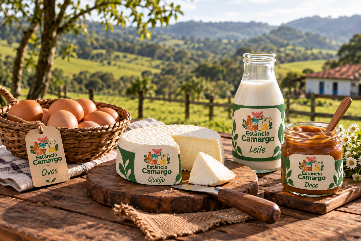 Composição ilustrativa com leite, queijo, ovos e doce em uma mesa no campo